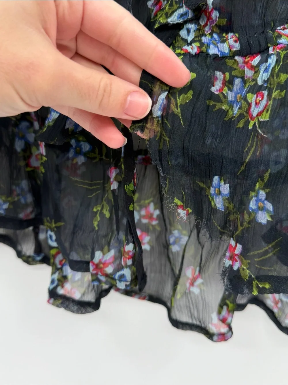 Free People Sheer Black Floral Tie-Neck Blouse beaded and embroidered size small